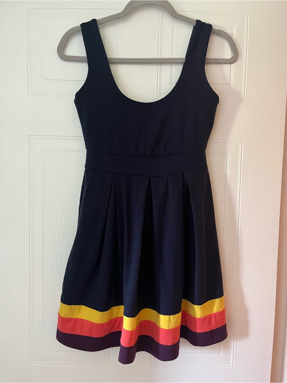 Navy Fit and Flare Dress With Color-Block Hem